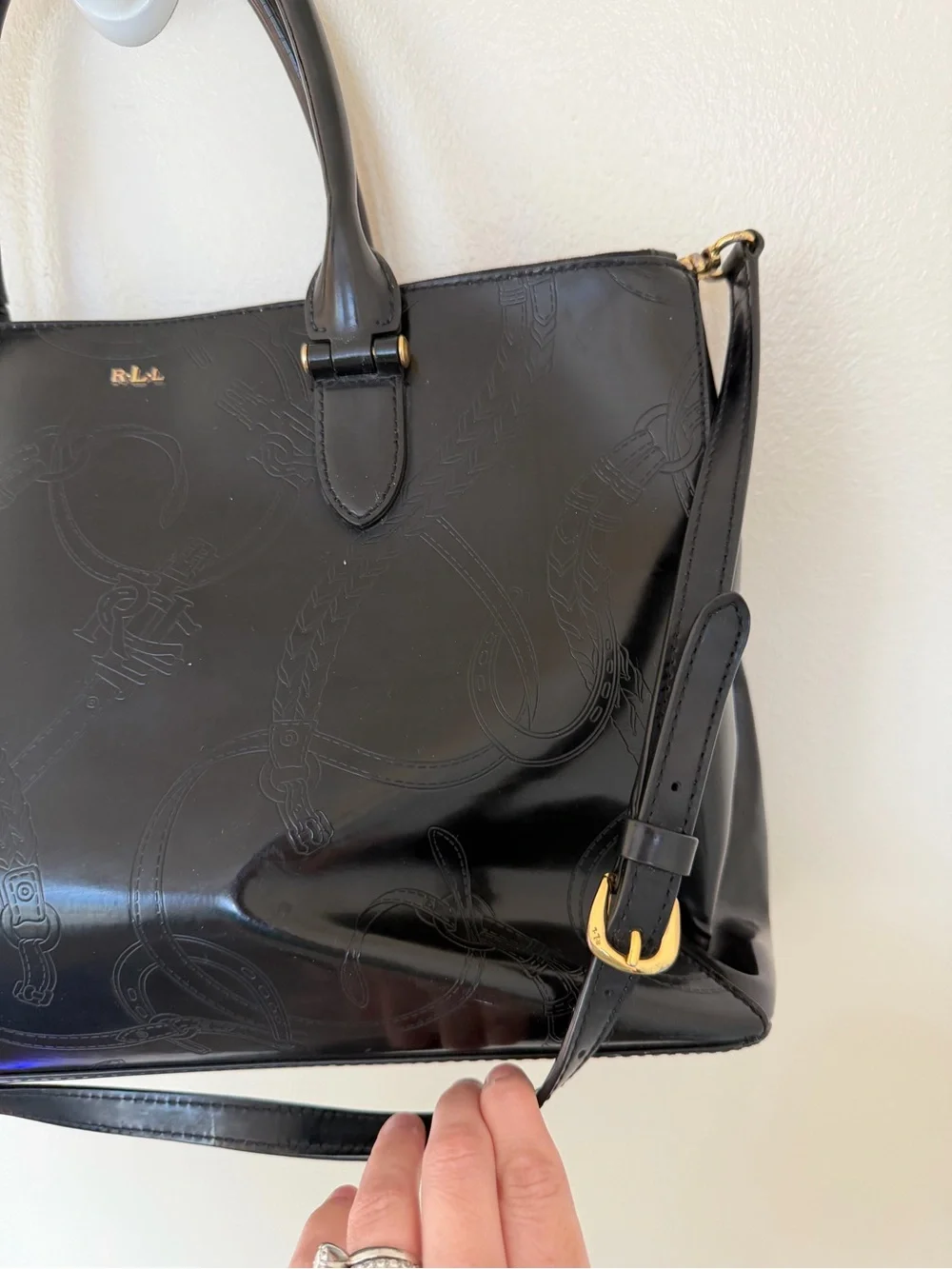 LAUREN RALPH LAUREN Double Zip Embossed Patent Leather Convertible Tote Bag